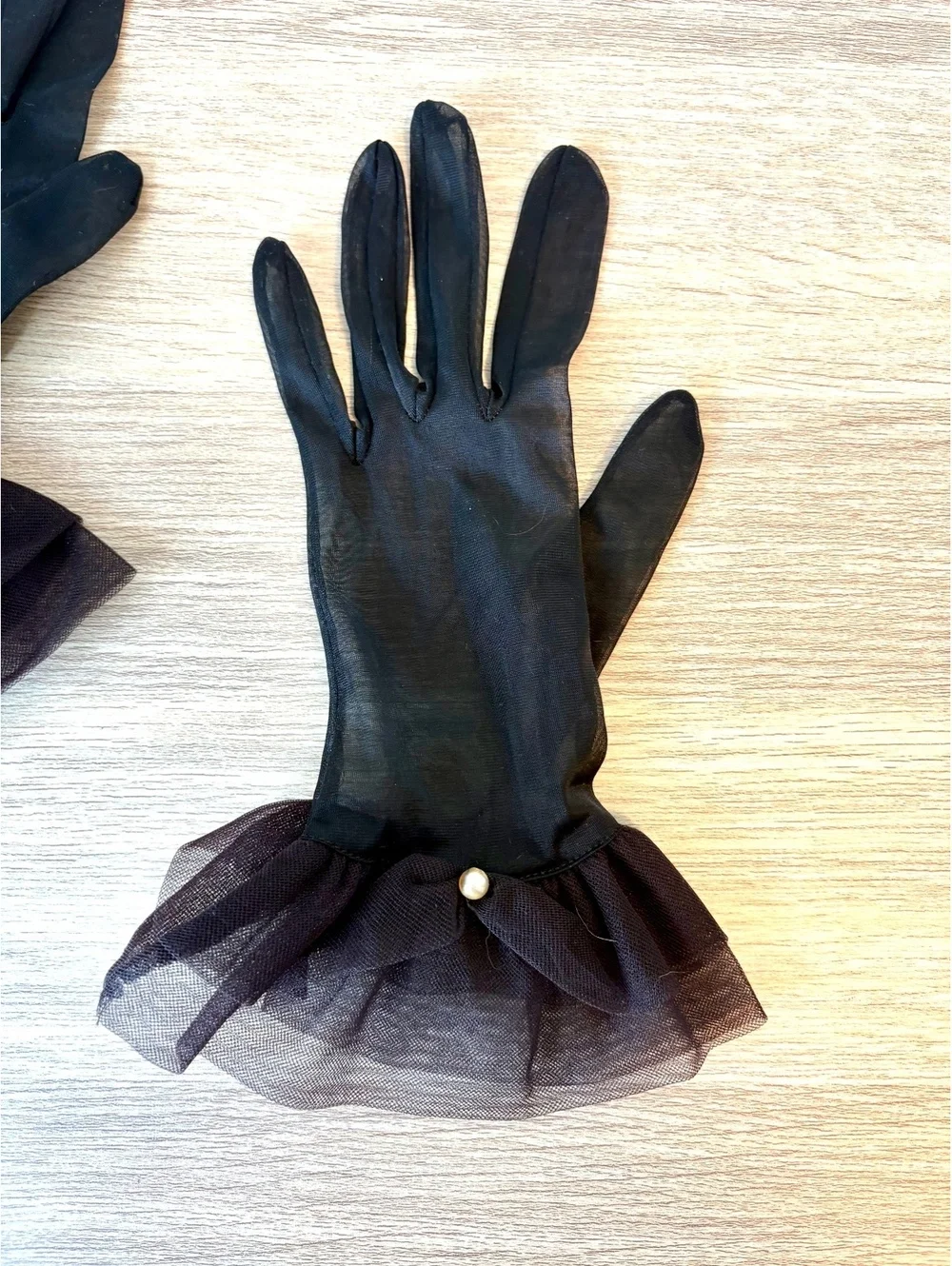 Vintage Black Sheer Nylon Gloves Tulle Ruffle Cuffs Faux Pearl Formal 1960s
